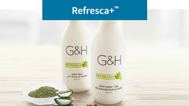 La imagen de fondo muestra la Leche Corporal y Baño Corporal G&H rodeado de hojas frescas de aloe vera, polvo de té verde y semillas de uva. Productos Amway que revitalizan tu piel, hechos con ingredientes inspirados en la naturaleza.